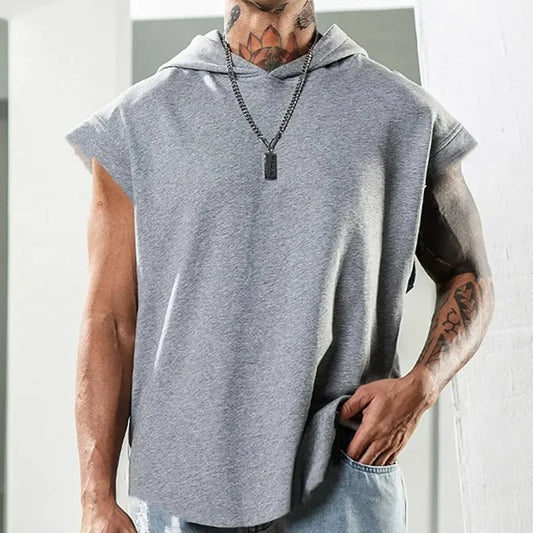 New Men's Fitness Pullover Sports Casual Tank Top Sleeveless Hooded Vest Loose Top