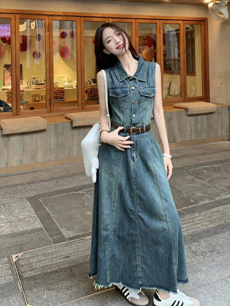 Women's Sleeveless Denim Vest Dress, Long Skirt, Casual Dresses, Summer