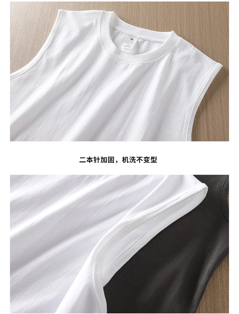 2pcs Solid Color Cotton Men's White Loose Sleeveless T-shirt Basic Models All-match Sports Running Tank Tops