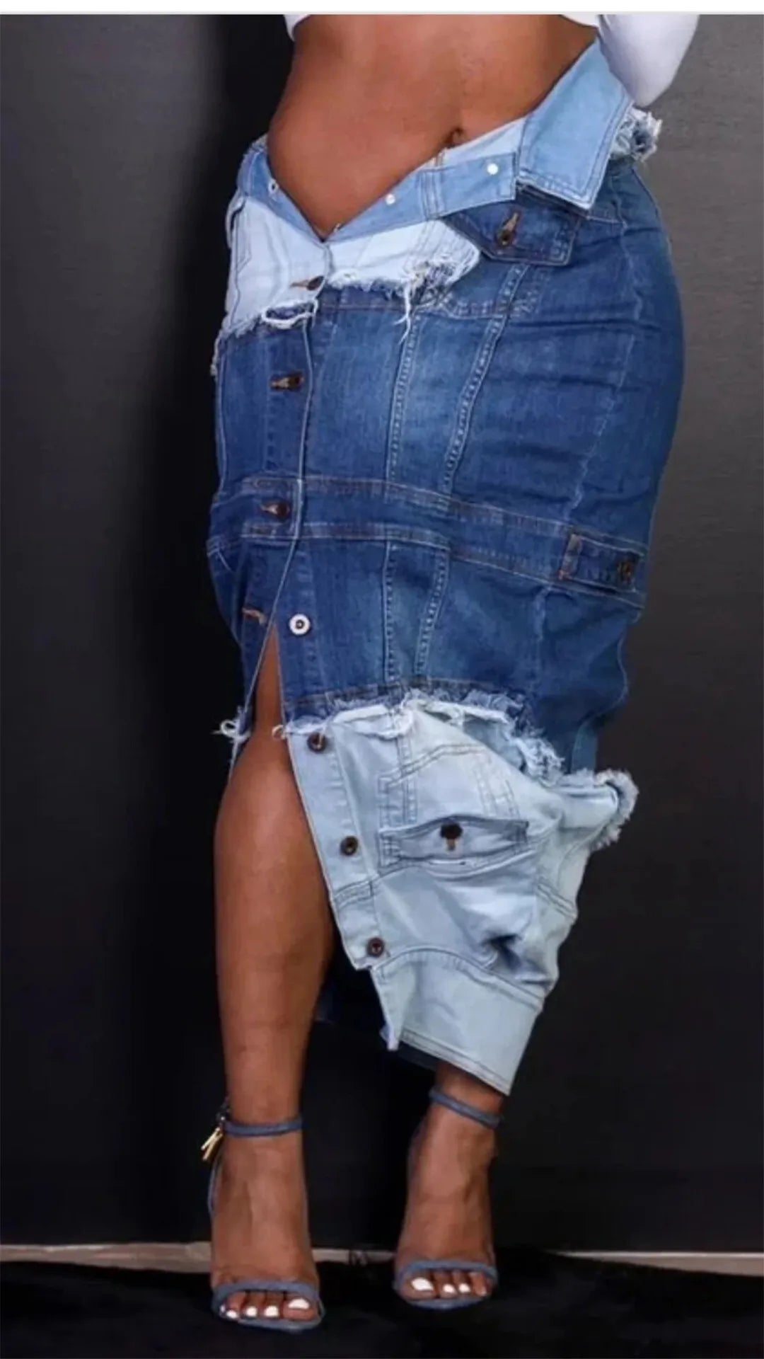 Women's Fashion Denim Patchwork High Waist Contrast Color Skirts Trendy Single Breasted Skirt 2025 Spring New 33A2405