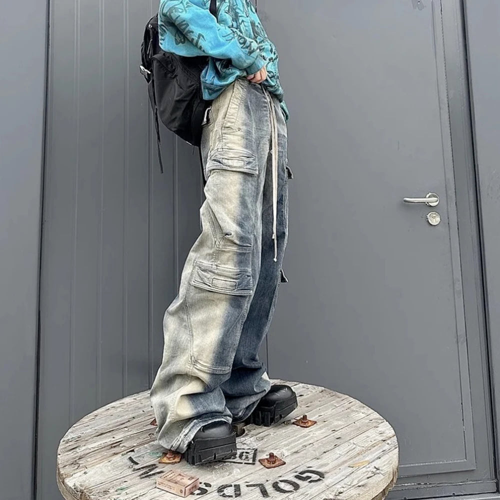 Multi-pockets Drawstring Jeans for Men Harajuku Streetwear Baggy