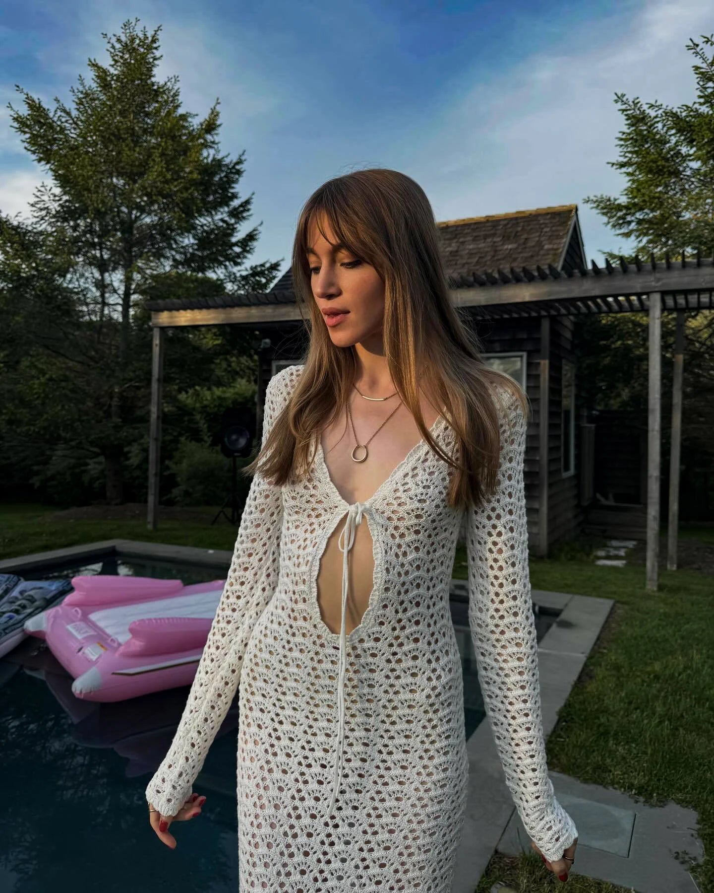 Sexy Cut Out Beachwear Swimsuit Cover Up 2024 Women Summer Autumn Boho White Knit Long Sleeve V Neck Tie Beach Maxi Dress A2970