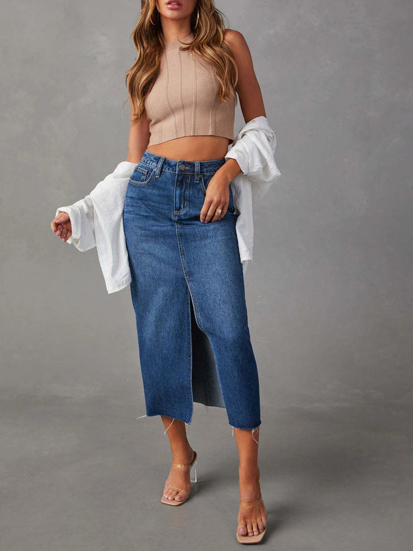 Women High Waist Long Denim Skirt Elegant Slit Raw Hem A-Line Summer Casual Midi Jean Skirts with Pockets