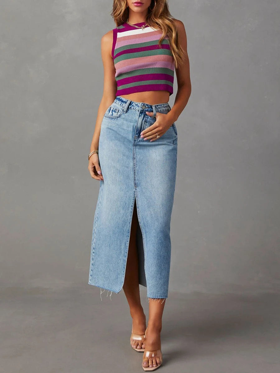 Women High Waist Long Denim Skirt Elegant Slit Raw Hem A-Line Summer Casual Midi Jean Skirts with Pockets