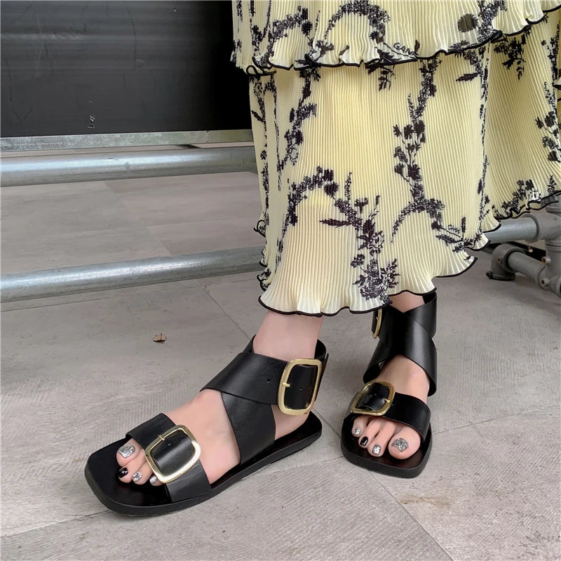 Fashion  Casual Shoes Buckle Flat Heel Cow Split Leather Square Toe Summer Women Sandals