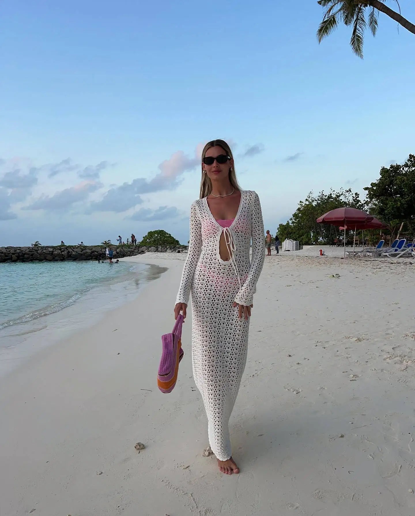 Sexy Cut Out Beachwear Swimsuit Cover Up 2024 Women Summer Autumn Boho White Knit Long Sleeve V Neck Tie Beach Maxi Dress A2970