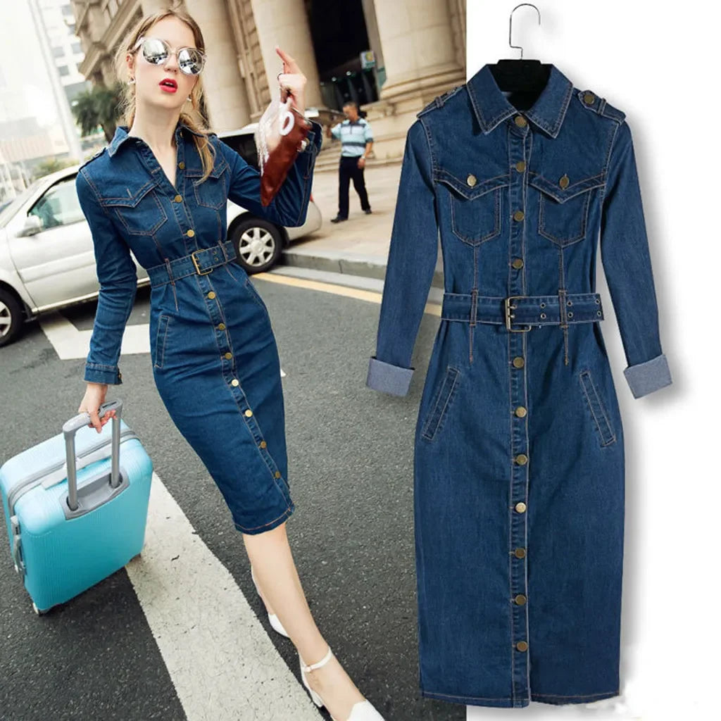 Button Up Jeans Dress Women Blue  Denim