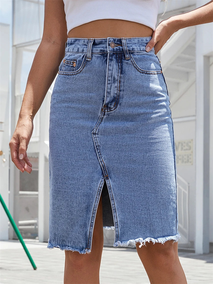 Women's Front Slit Blue Denim Skirt Pockets High Waist Slim Zipper Fly Midi Skirts 2023 Spring Female Casual Streetwear