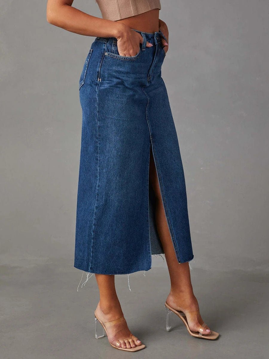 Women High Waist Long Denim Skirt Elegant Slit Raw Hem A-Line Summer Casual Midi Jean Skirts with Pockets