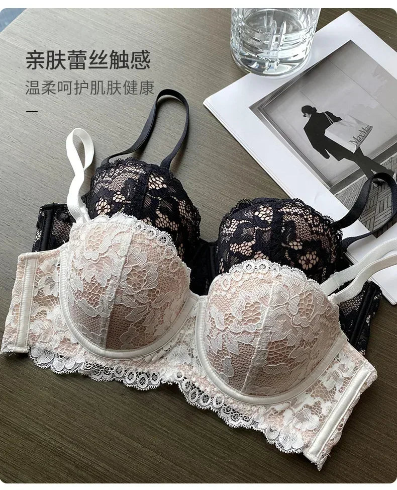 Women Half Cup Push Up Soft Lace Bra with Removable Straps