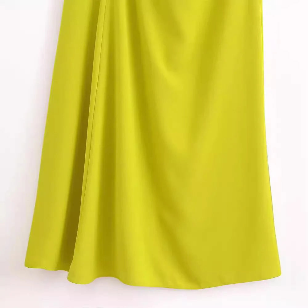 Women Elegant Mustard Sleeveless Midi Dress with Side Gathering Round Neck Back zip Summer Dresses for Female