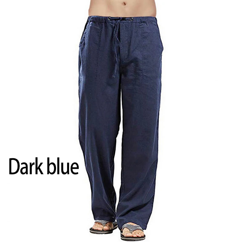 Solid Color Multi-pocket Drawstring Loose Straight Men Pants Comfortable Linen