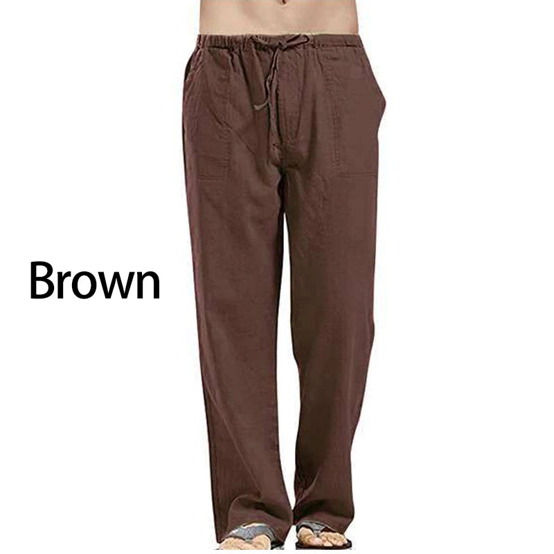 Solid Color Multi-pocket Drawstring Loose Straight Men Pants Comfortable Linen