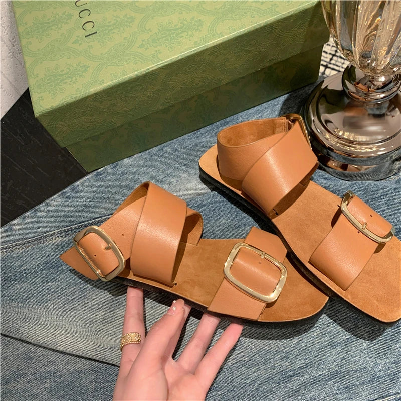 Fashion  Casual Shoes Buckle Flat Heel Cow Split Leather Square Toe Summer Women Sandals