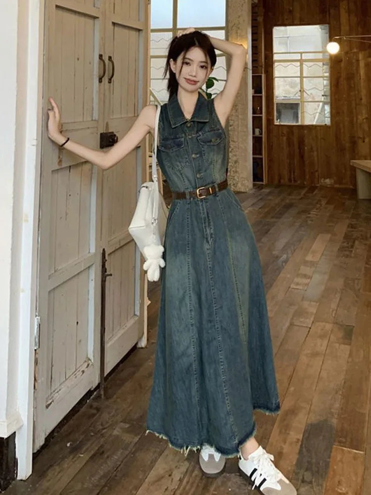 Women's Sleeveless Denim Vest Dress, Long Skirt, Casual Dresses, Summer