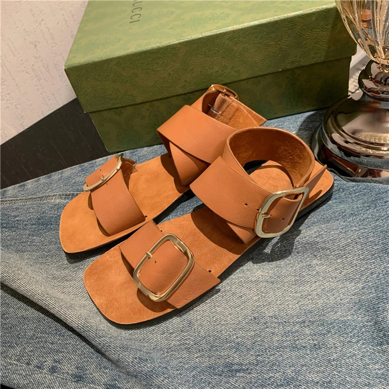 Fashion  Casual Shoes Buckle Flat Heel Cow Split Leather Square Toe Summer Women Sandals