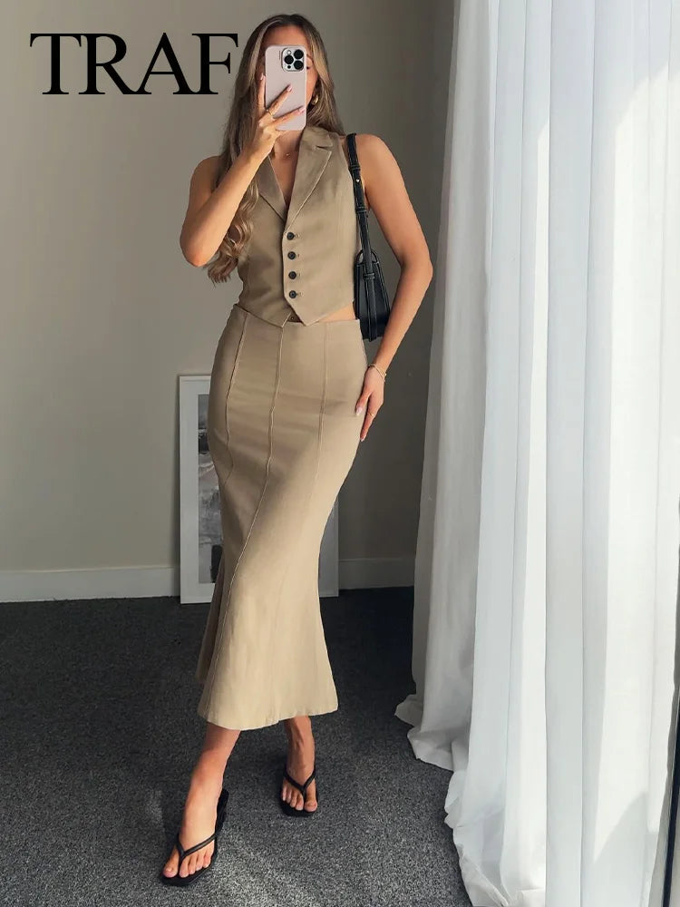 TRAF 2024 Woman Fashion Summer Solid Khaki Suit Turn-Down Collar Sleeveless Lace-Up Waistcoats+High Waist Zipper Skirts Street