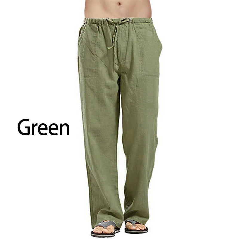 Solid Color Multi-pocket Drawstring Loose Straight Men Pants Comfortable Linen