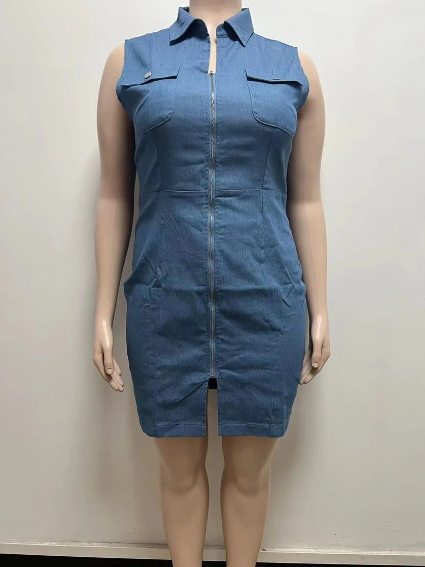 Sleeveless Zipper Denim Dress Plus Size Women Tank Elegant Dresses Fashion Lapel Wholesale Dropshipping