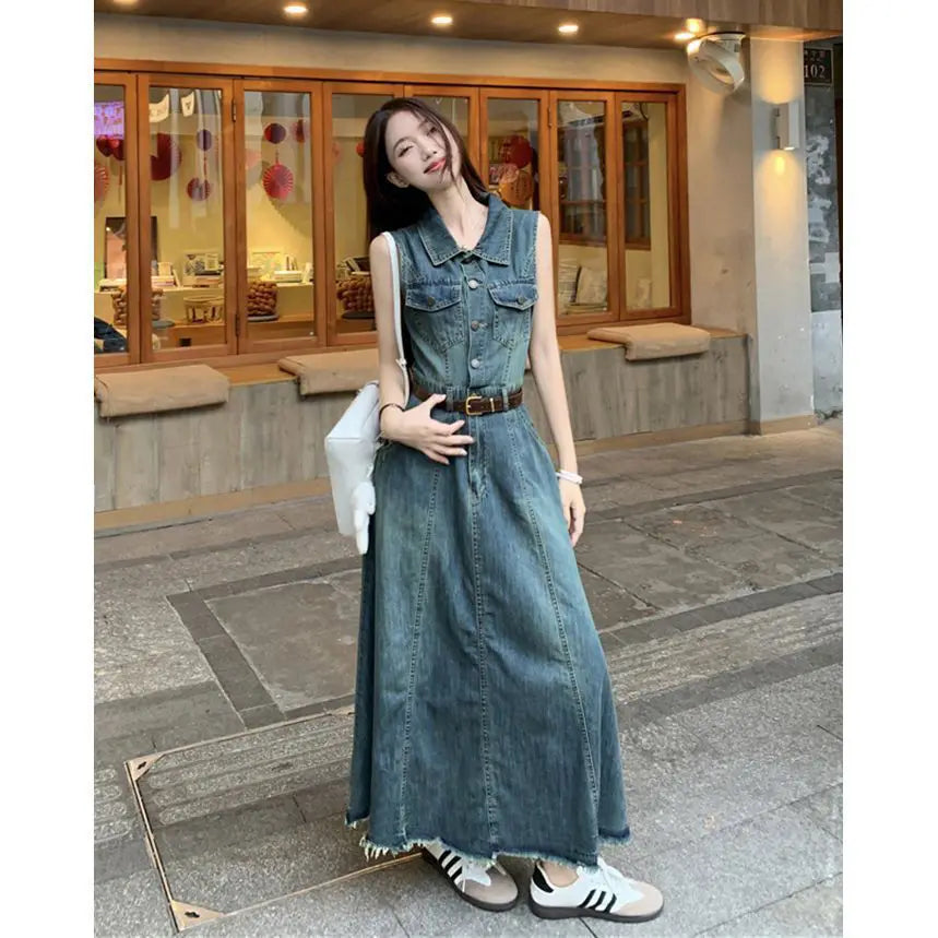 Women's Sleeveless Denim Vest Dress, Long Skirt, Casual Dresses, Summer