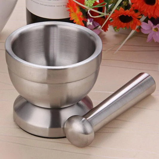 Double Mini Stainless Steel Metal Mortar Salt And Pestle Pedestal Bowl Garlic Press Pot Herb Pepper Spice Grinder