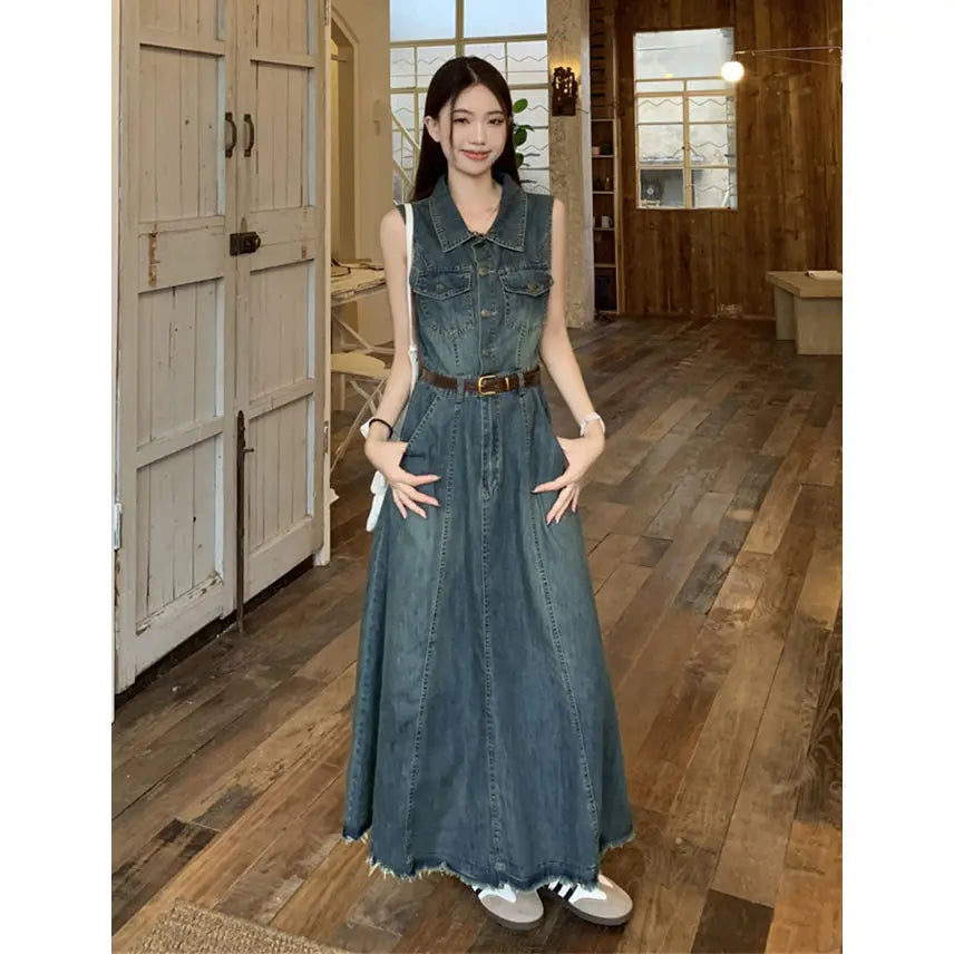 Women's Sleeveless Denim Vest Dress, Long Skirt, Casual Dresses, Summer