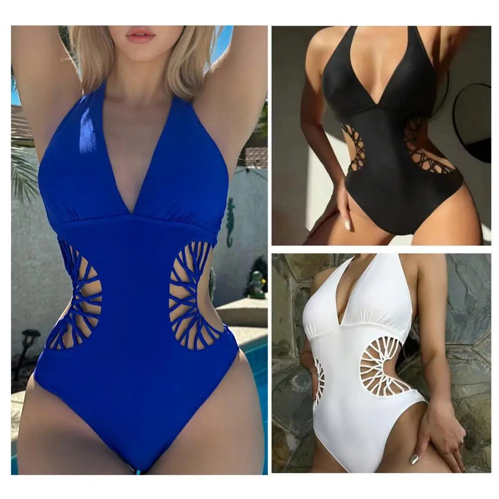 Women Solid Color Deep V Neck Lady Swimsuit Elastic High Waist