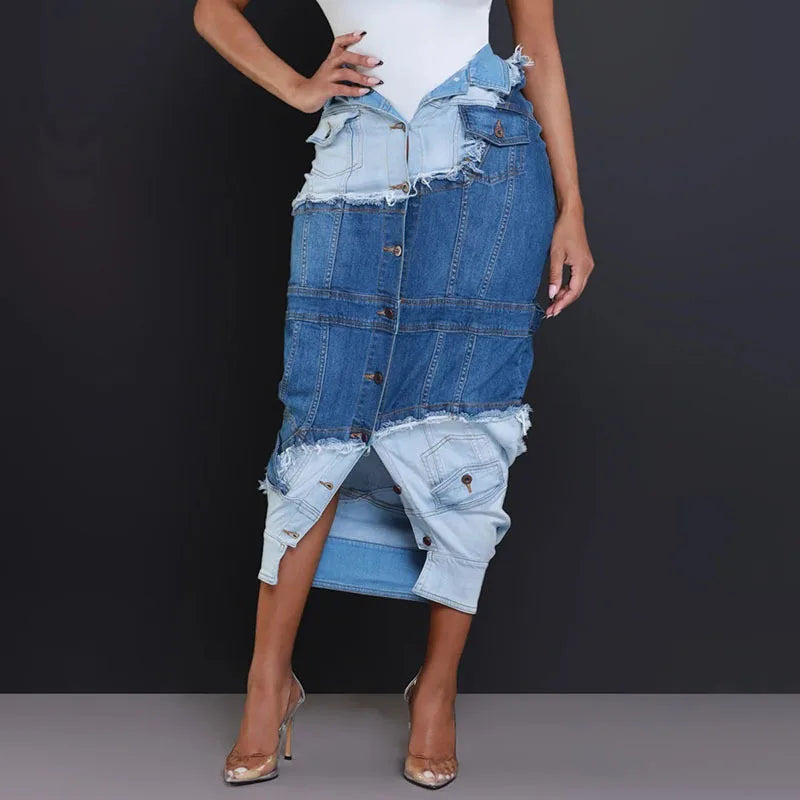 Women's Fashion Denim Patchwork High Waist Contrast Color Skirts Trendy Single Breasted Skirt 2025 Spring New 33A2405