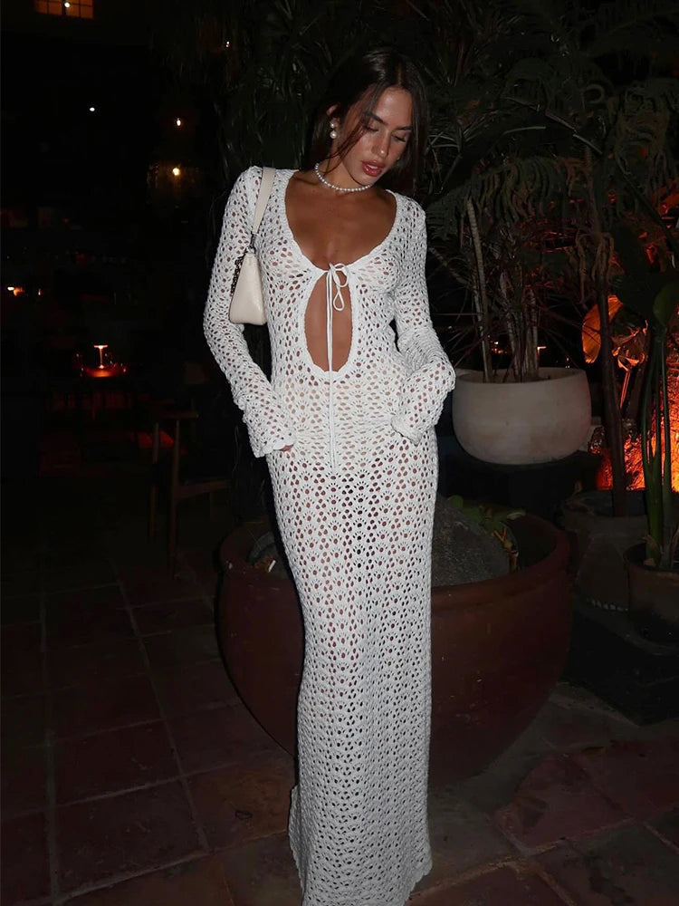 Sexy Cut Out Beachwear Swimsuit Cover Up 2024 Women Summer Autumn Boho White Knit Long Sleeve V Neck Tie Beach Maxi Dress A2970