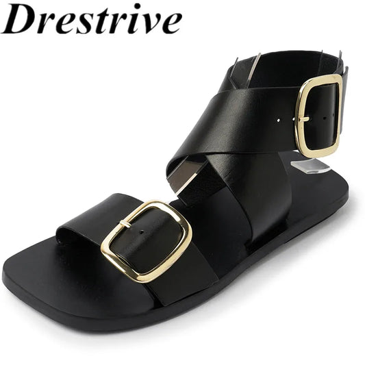 Fashion  Casual Shoes Buckle Flat Heel Cow Split Leather Square Toe Summer Women Sandals