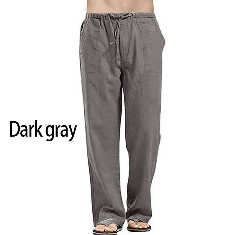 Solid Color Multi-pocket Drawstring Loose Straight Men Pants Comfortable Linen