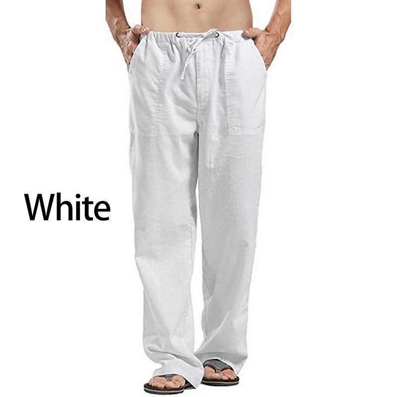 Solid Color Multi-pocket Drawstring Loose Straight Men Pants Comfortable Linen