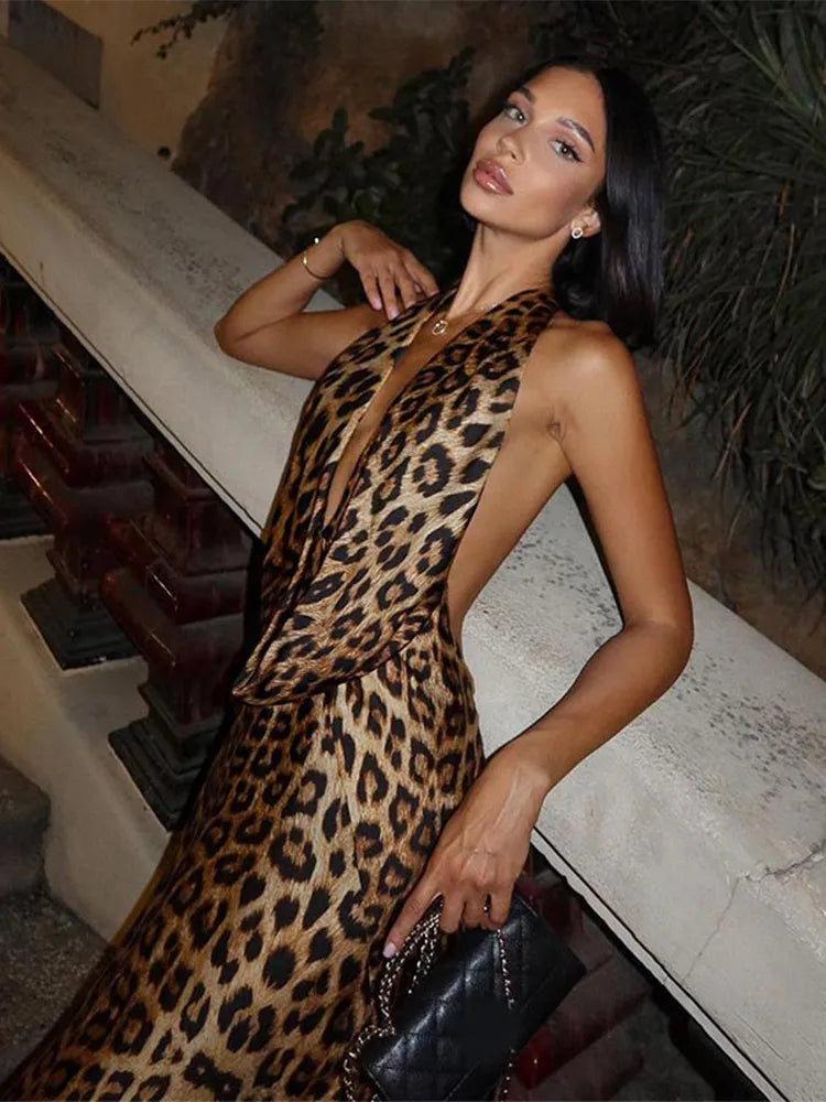 Chic Leopard Printed Backless Lace Up Long Dress Women Sexy Sleeveless High Waist Slim Fit   Party Dresses