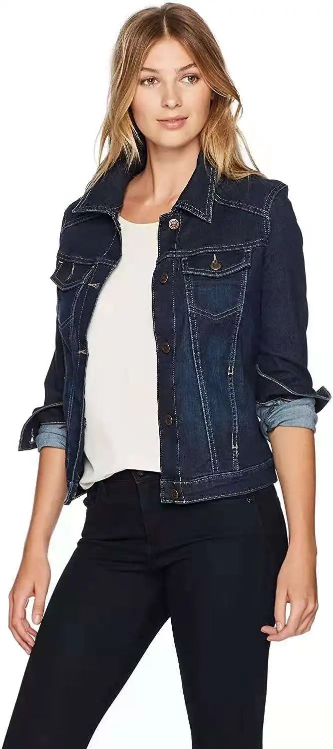 Women Denim Washed Long Sleeve Slim Fit Short Jacket Pockets Turn Down Collar Street Casual