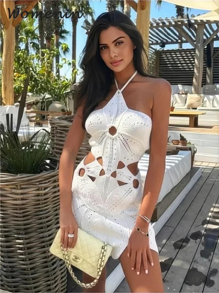 Sexy Knit Hollow Out Beach Mini Dress Halter Sleeveless Backless Lace Up Female Dresses 2024 Summer Lady Slim Vacation Vestidos