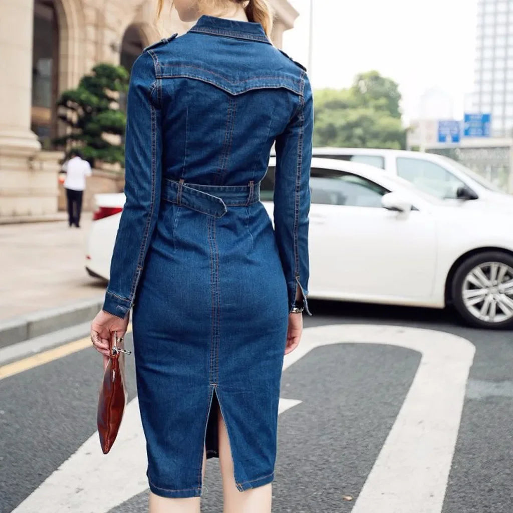 Button Up Jeans Dress Women Blue  Denim