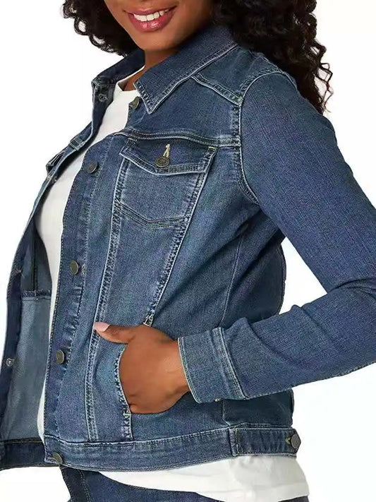 Women Denim Washed Long Sleeve Slim Fit Short Jacket Pockets Turn Down Collar Street Casual