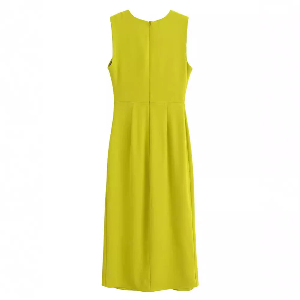 Women Elegant Mustard Sleeveless Midi Dress with Side Gathering Round Neck Back zip Summer Dresses for Female