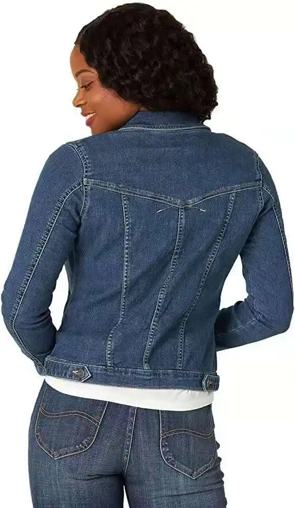 Women Denim Washed Long Sleeve Slim Fit Short Jacket Pockets Turn Down Collar Street Casual