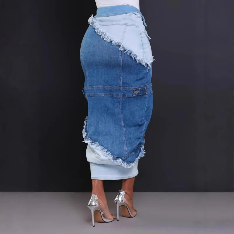 Women's Fashion Denim Patchwork High Waist Contrast Color Skirts Trendy Single Breasted Skirt 2025 Spring New 33A2405