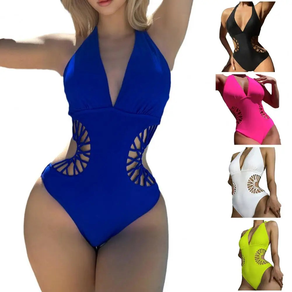 Women Solid Color Deep V Neck Lady Swimsuit Elastic High Waist