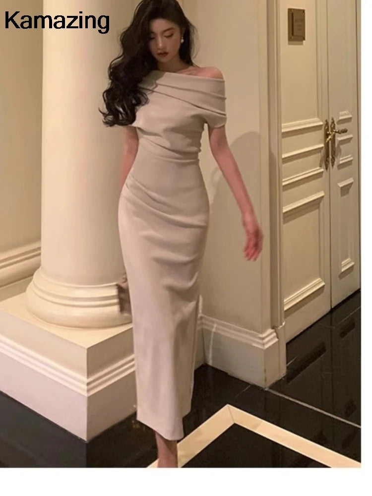 Elegant Solid Bodycon Evening Party Dresses for Women Fashion Off Shoulder