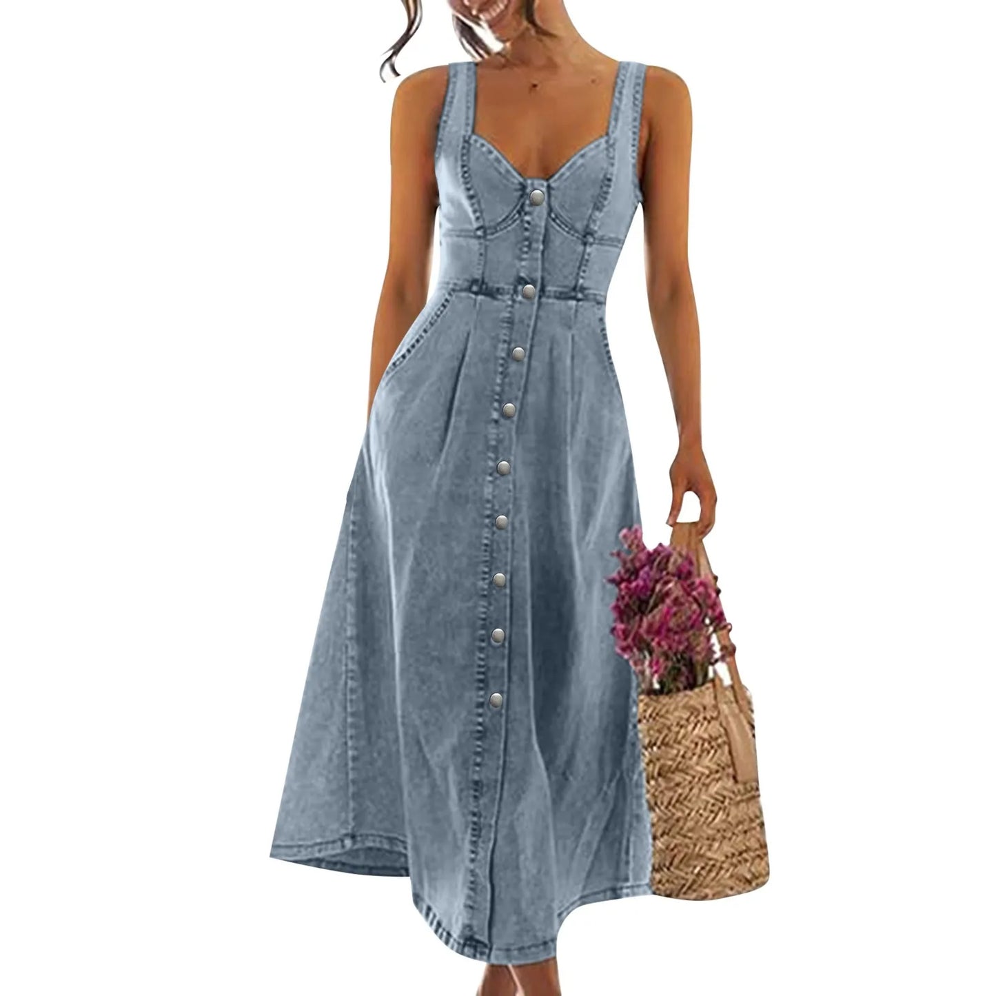 Women'S Denim Sleeveless Button Fit Midi Dress Y2k Summer Bodycon Elegant Sexy Outfits Ladies Birthday Party Club Sundress