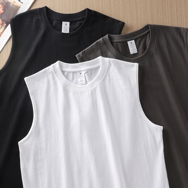 2pcs Solid Color Cotton Men's White Loose Sleeveless T-shirt Basic Models All-match Sports Running Tank Tops