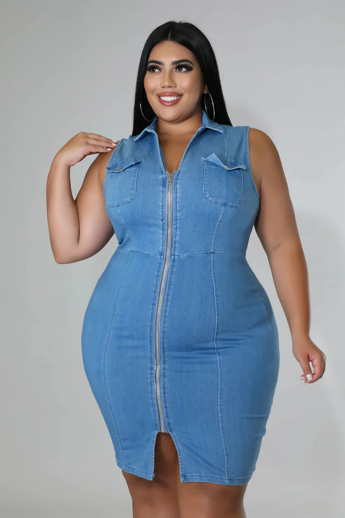 Sleeveless Zipper Denim Dress Plus Size Women Tank Elegant Dresses Fashion Lapel Wholesale Dropshipping