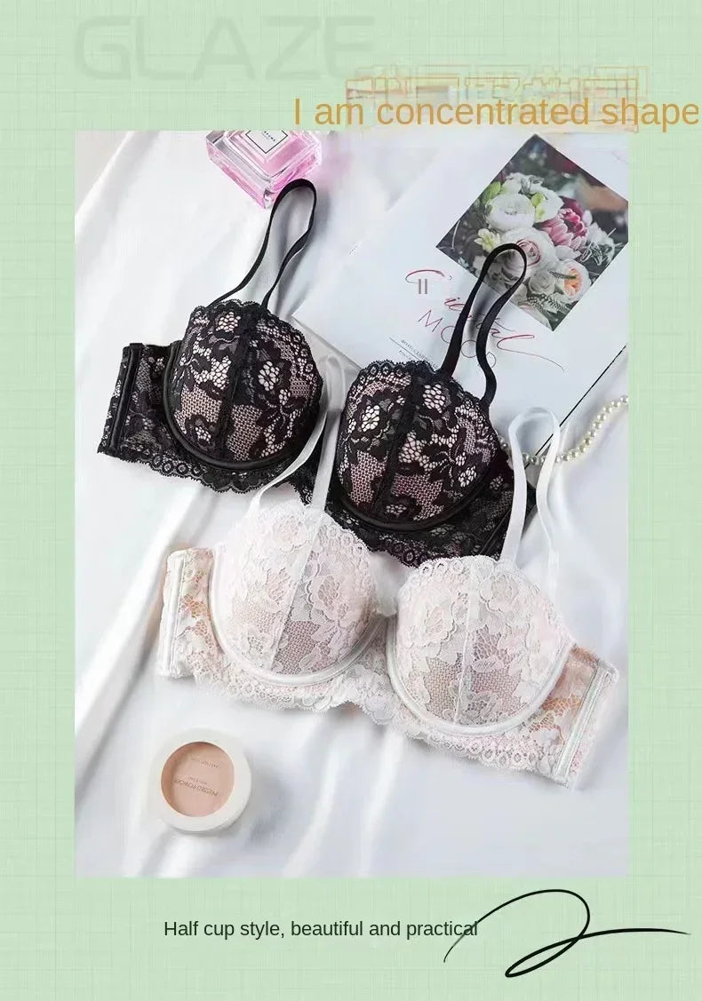 Women Half Cup Push Up Soft Lace Bra with Removable Straps