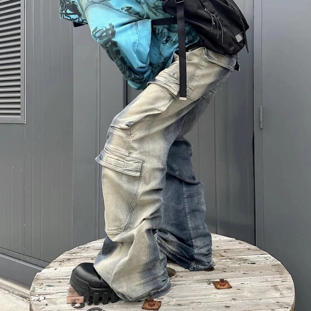 Multi-pockets Drawstring Jeans for Men Harajuku Streetwear Baggy