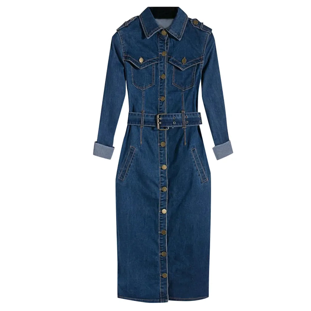 Button Up Jeans Dress Women Blue  Denim