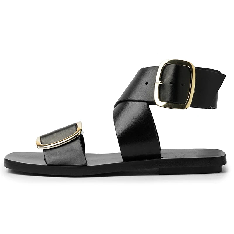 Fashion  Casual Shoes Buckle Flat Heel Cow Split Leather Square Toe Summer Women Sandals