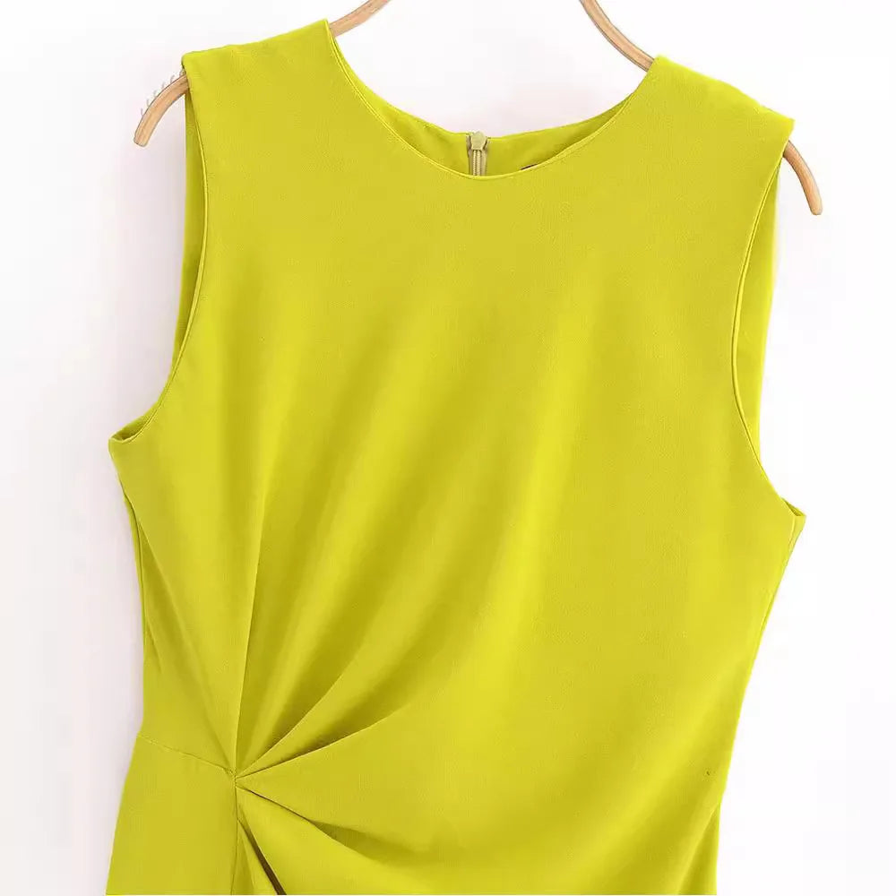 Women Elegant Mustard Sleeveless Midi Dress with Side Gathering Round Neck Back zip Summer Dresses for Female